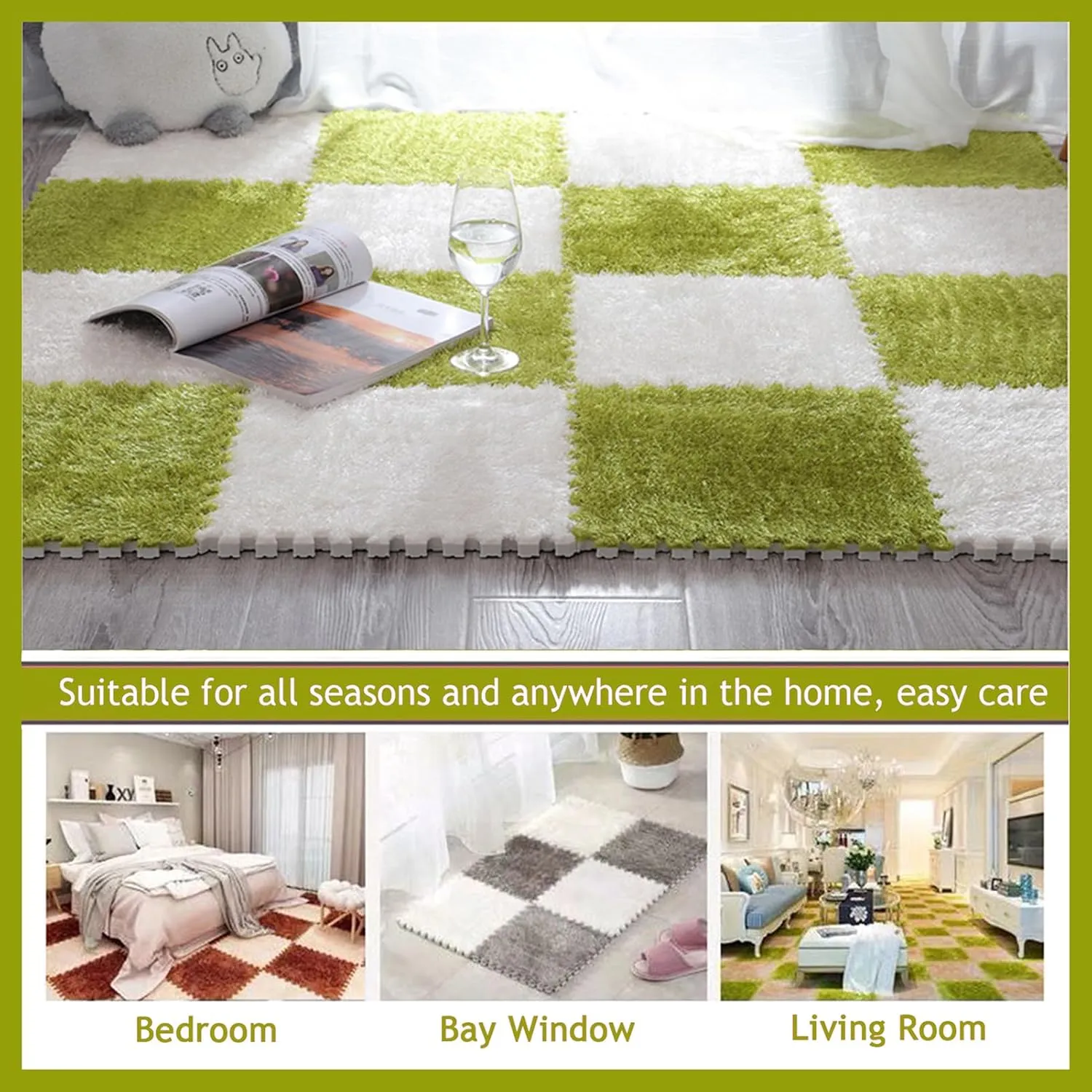Playmat 10 Pcs Interlocking Carpet Tiles, Plush Foam Square Floor Mats Set, 24x24 Inch Area Rugs Fluffy Tiles, Square Puzzle Play Mat(Gray White)