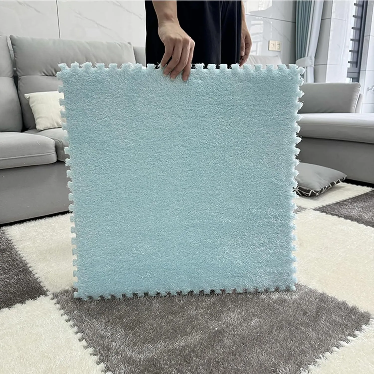 Playmat 10 Pcs Interlocking Carpet Tiles, Plush Foam Square Floor Mats Set, 24x24 Inch Area Rugs Fluffy Tiles, Square Puzzle Play Mat(Gray White)