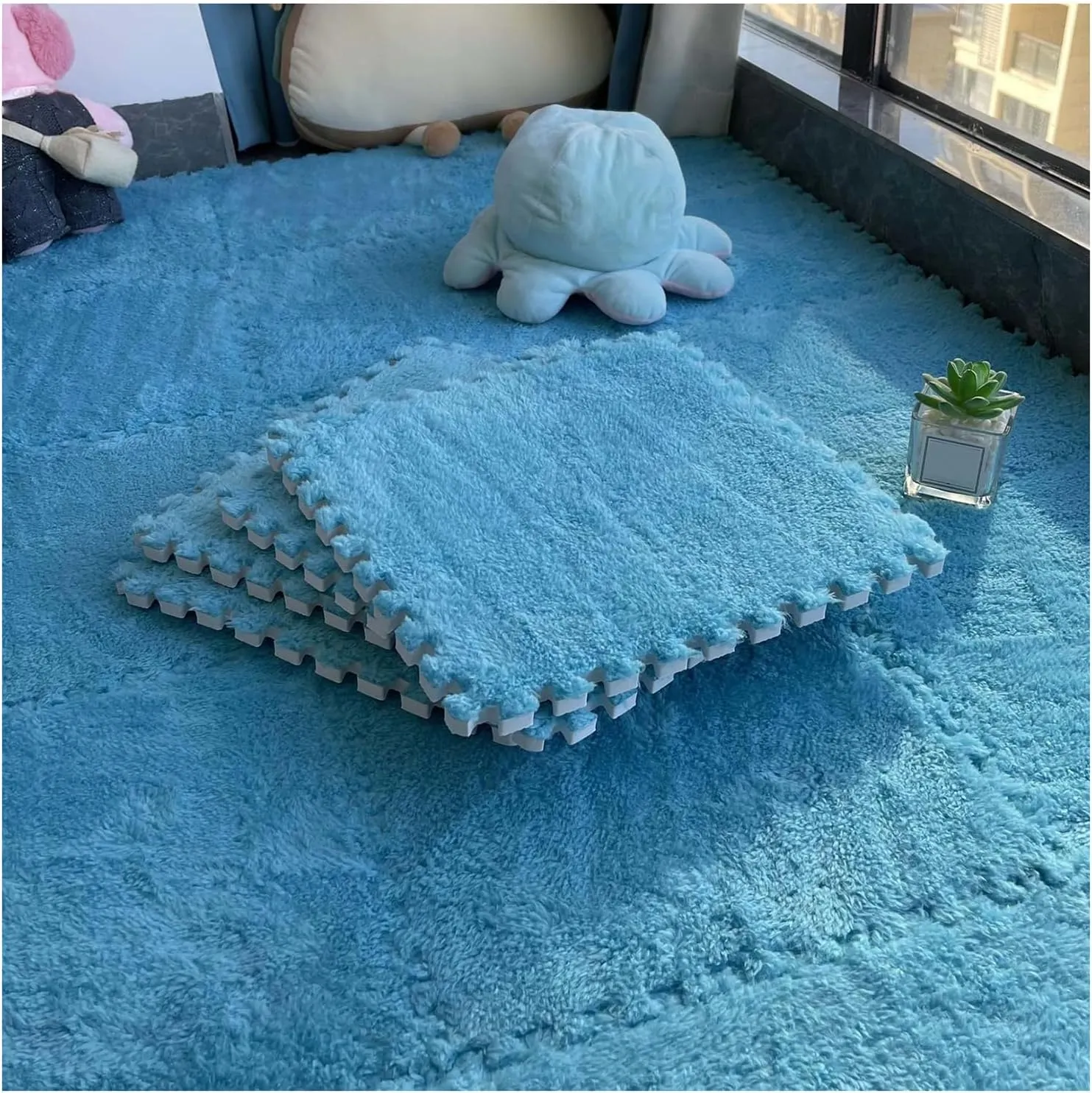 Playmat 10 Pcs Interlocking Carpet Tiles,Plush Foam Square Floor Mats Set,Interlocking Fluffy Tiles Square Puzzle Play Mat, 12X12inch(Blue)