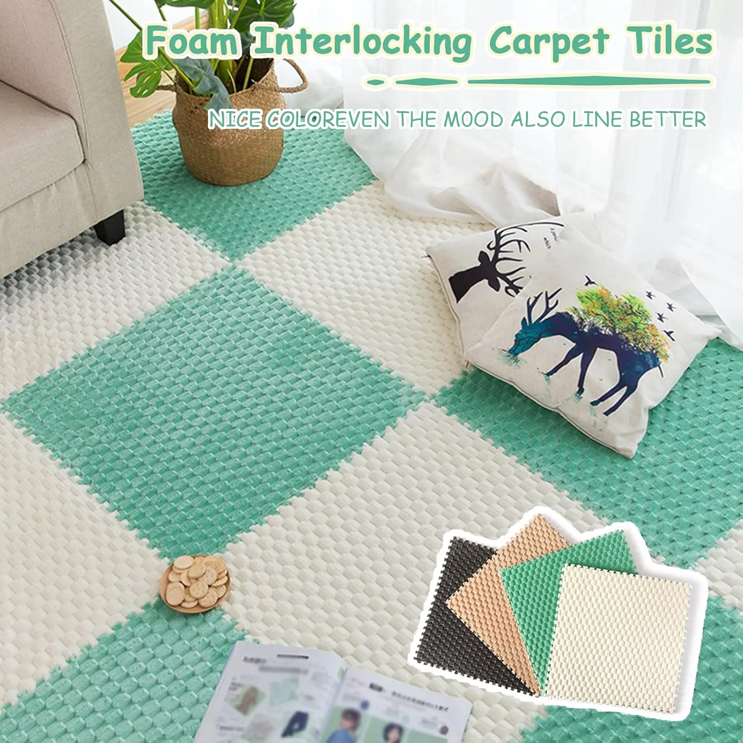 Playmat 12 Pcs Interlocking Carpet Tiles, Plush Foam Square Floor Mats Set, Interlocking Fluffy Tiles, Square Puzzle Play Mat, 12 Tiles/12 Sq.Ft(Grey Khaki)