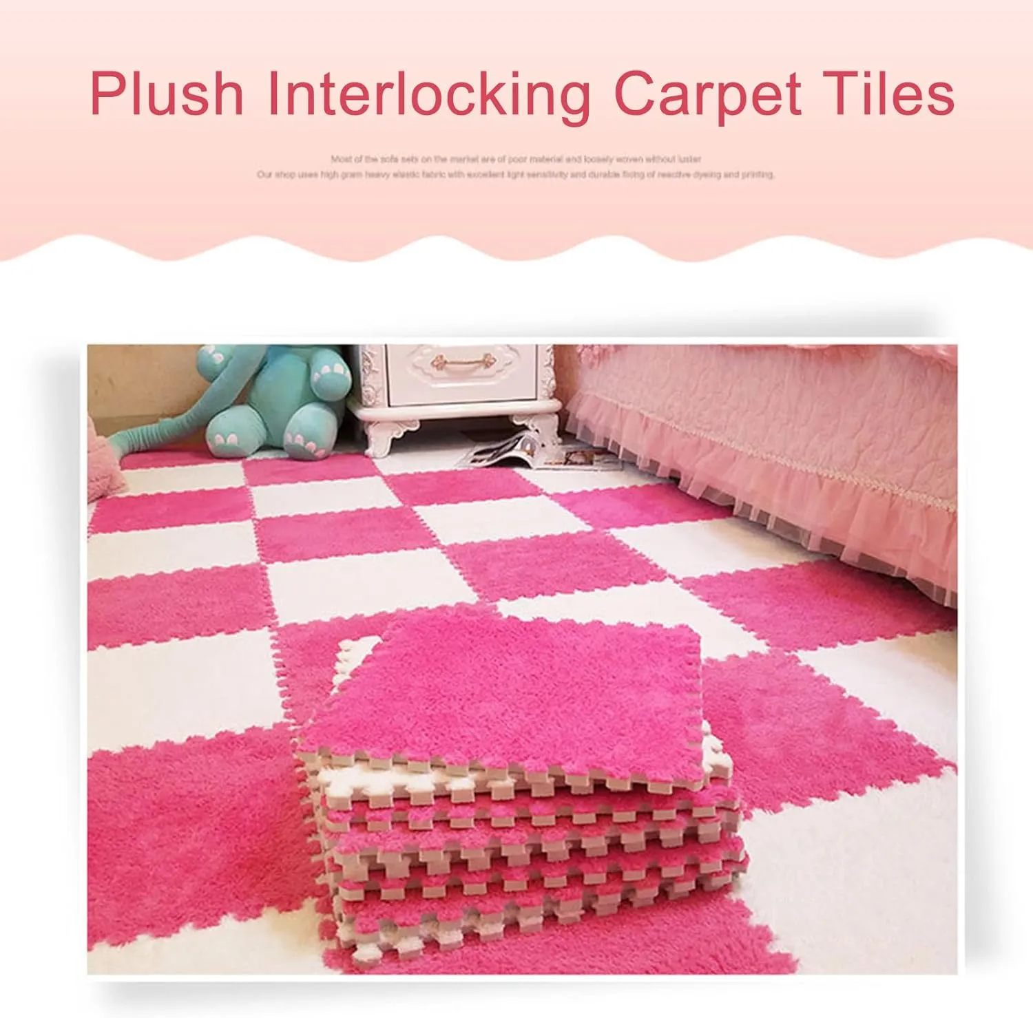 Playmat 20 Pcs Interlocking Carpet Tiles, Plush Foam Square Floor Mats Set, Interlocking Fluffy Tiles Square Puzzle with Border, 20 Tiles/19.4 Sq.Ft(Apricot)