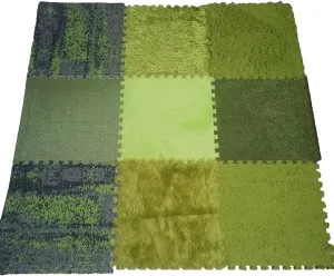 Playmat 9 Pcs Interlocking Carpet Tiles, Plush Foam Square Floor Mats, Sensory Mats Puzzle Play Mat, Fluffy Green Area Rugs Set, 9 Tiles/9 Sq.Ft