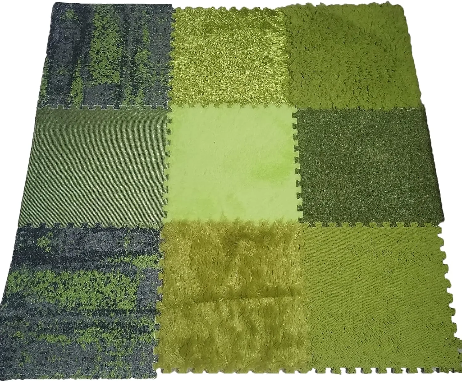 Playmat 9 Pcs Interlocking Carpet Tiles, Plush Foam Square Floor Mats, Sensory Mats Puzzle Play Mat, Fluffy Green Area Rugs Set, 9 Tiles/9 Sq.Ft