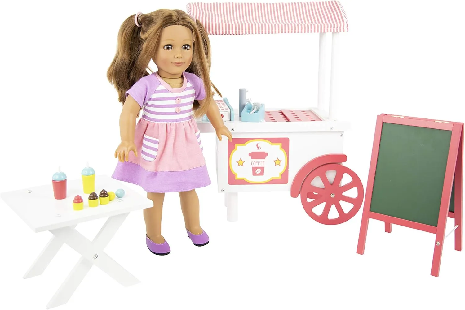 Playtime by Eimmie 18 Inch Doll Furniture Café Food Cart Set - Wooden Playset with Accessories, Fits American, Generation, My Life & Similar 14”-18” Dolls
