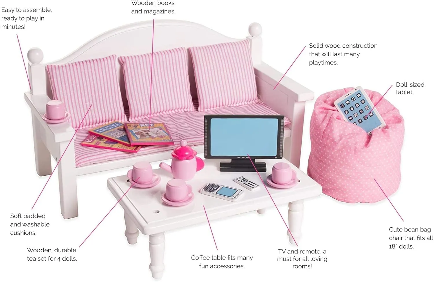 Playtime by Eimmie 18 Inch Doll Furniture Couch & Coffee Table Set – White, Wooden Playset with Living Room Accessories, Fits American, Generation, My Life & Similar 14”-18” Dolls