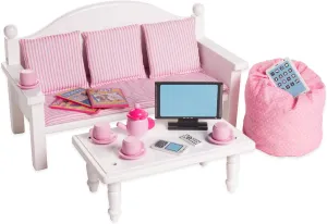 Playtime by Eimmie 18 Inch Doll Furniture Couch & Coffee Table Set – White, Wooden Playset with Living Room Accessories, Fits American, Generation, My Life & Similar 14”-18” Dolls