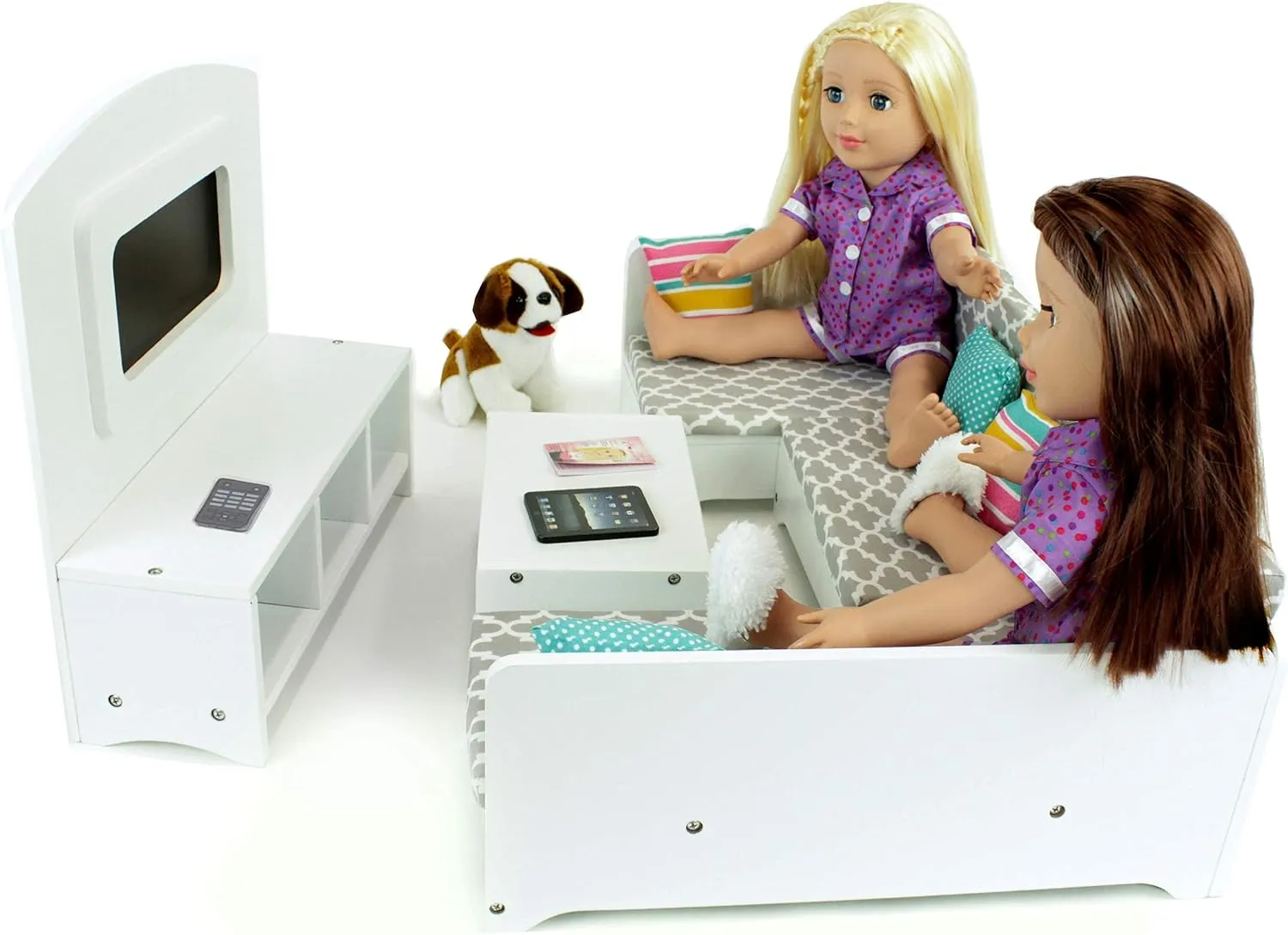 Playtime by Eimmie 18 Inch Doll Furniture Couch & Living Room Set – Wooden Playset with TV & Pet Accessories, Fits American, Generation, My Life & Similar 14”-18” Dolls