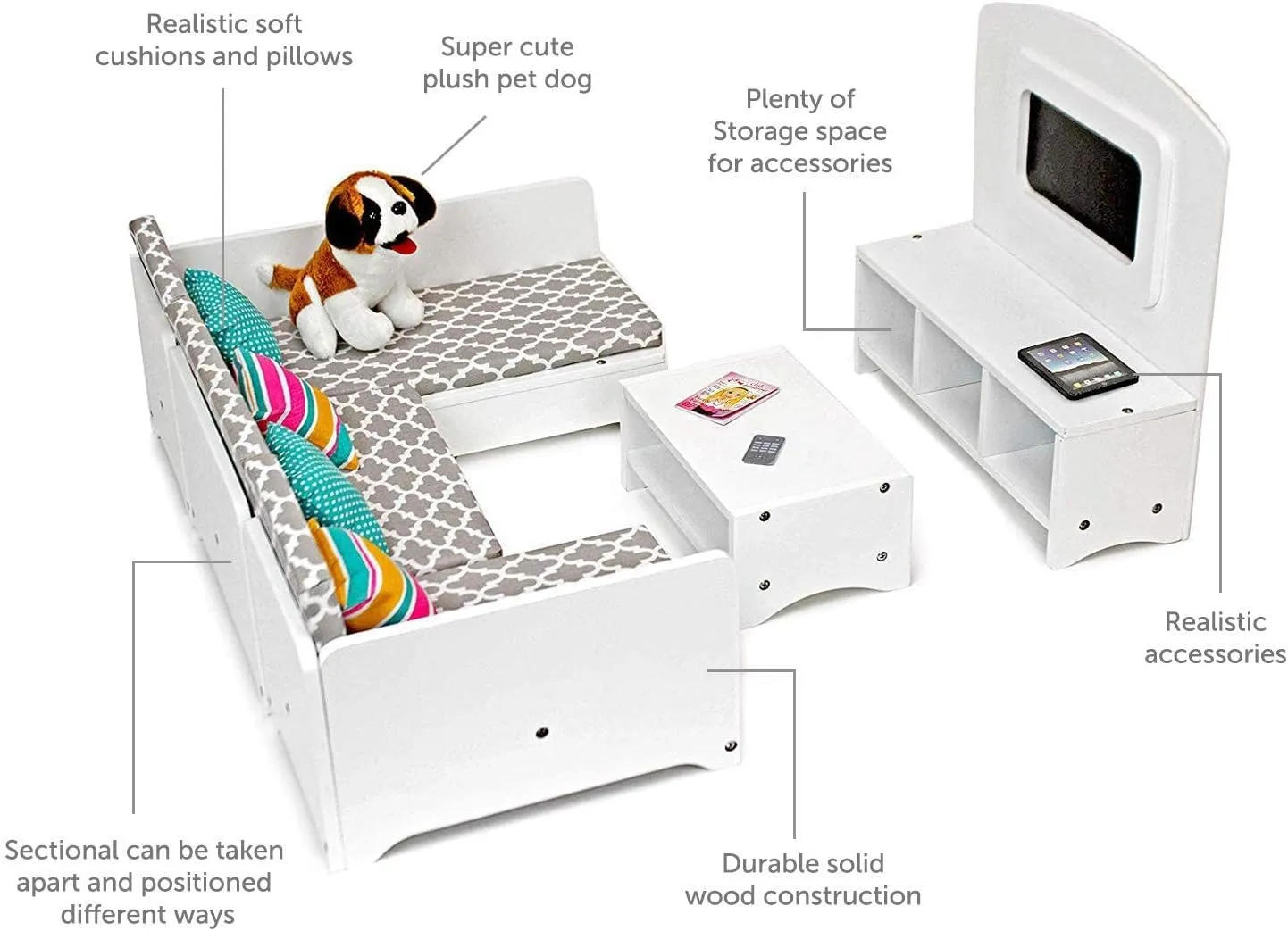 Playtime by Eimmie 18 Inch Doll Furniture Couch & Living Room Set – Wooden Playset with TV & Pet Accessories, Fits American, Generation, My Life & Similar 14”-18” Dolls