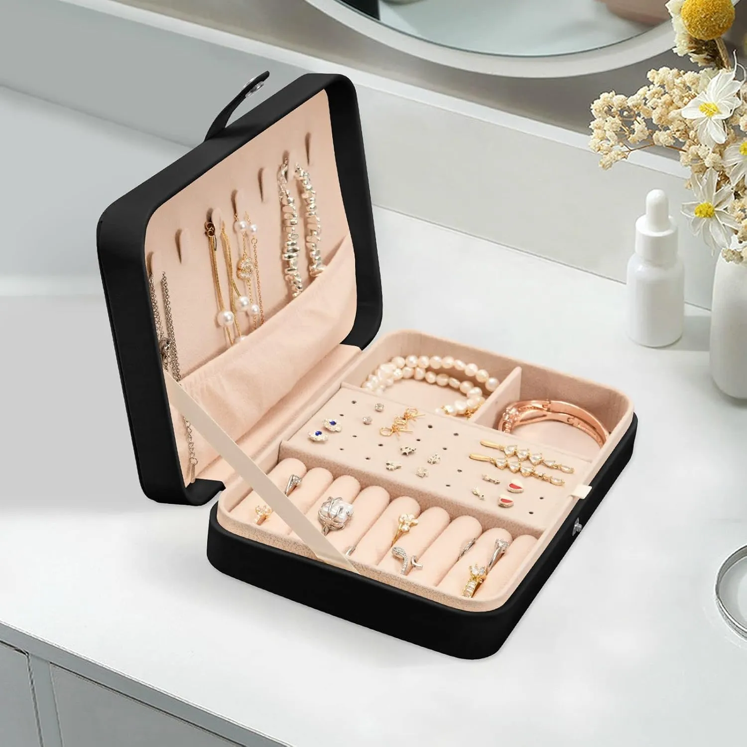 Poeticcity Steam Train with Smoke Green Grass Trees Country View Travel Jewelry Box, PU Leather Small Jewelry Organizer for Women, Black Storage Holder Boxes for Earrings, Rings, Necklaces