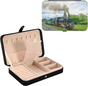 Poeticcity Steam Train with Smoke Green Grass Trees Country View Travel Jewelry Box, PU Leather Small Jewelry Organizer for Women, Black Storage Holder Boxes for Earrings, Rings, Necklaces