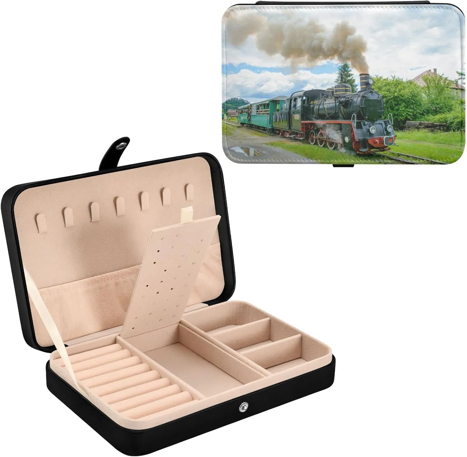 Poeticcity Steam Train with Smoke Green Grass Trees Country View Travel Jewelry Box, PU Leather Small Jewelry Organizer for Women, Black Storage Holder Boxes for Earrings, Rings, Necklaces