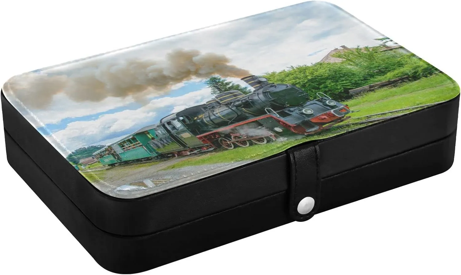 Poeticcity Steam Train with Smoke Green Grass Trees Country View Travel Jewelry Box, PU Leather Small Jewelry Organizer for Women, Black Storage Holder Boxes for Earrings, Rings, Necklaces