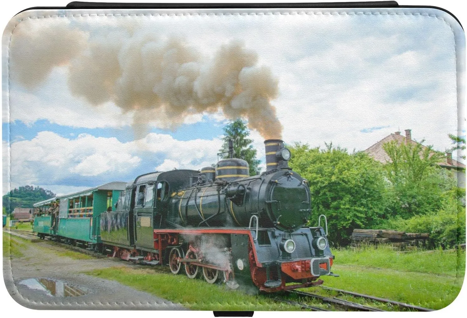 Poeticcity Steam Train with Smoke Green Grass Trees Country View Travel Jewelry Box, PU Leather Small Jewelry Organizer for Women, Black Storage Holder Boxes for Earrings, Rings, Necklaces