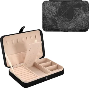 Poeticcity Vintage Spider Web Against Retro Black Halloween Wall Travel Jewelry Box, PU Leather Small Jewelry Organizer for Women, Black Storage Holder Boxes for Earrings, Rings, Necklaces