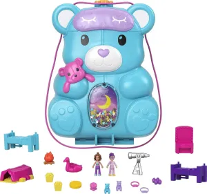 Polly Pocket 2-in-1 Travel Toy, 2 Micro Dolls & 16 Accessories, Teddy Bear Purse Playset with Sleepover Theme