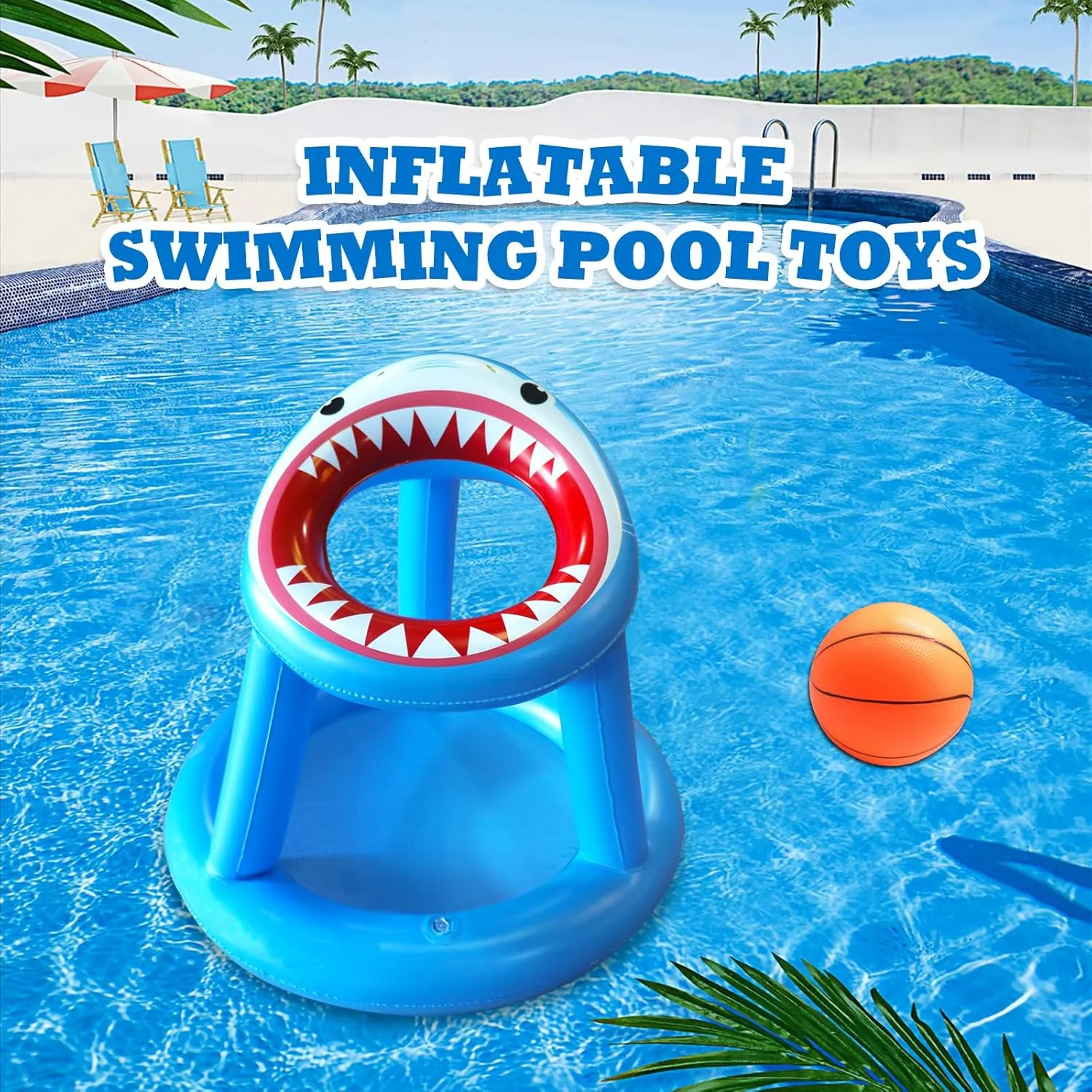 Pool Basketball Hoop Games Toys, Floating Inflatable Pool Shark Games Indoor/Outdoor for Kids Adults with 1 Basketball