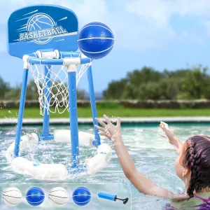 Pool Basketball Hoop Poolside with backbroad, Floating Pool Toys with 4 Basketballs/ 4 Water Balloons/Pump, Outdoor & Indoor Basketball Hoop for Kids and Adults, Blue