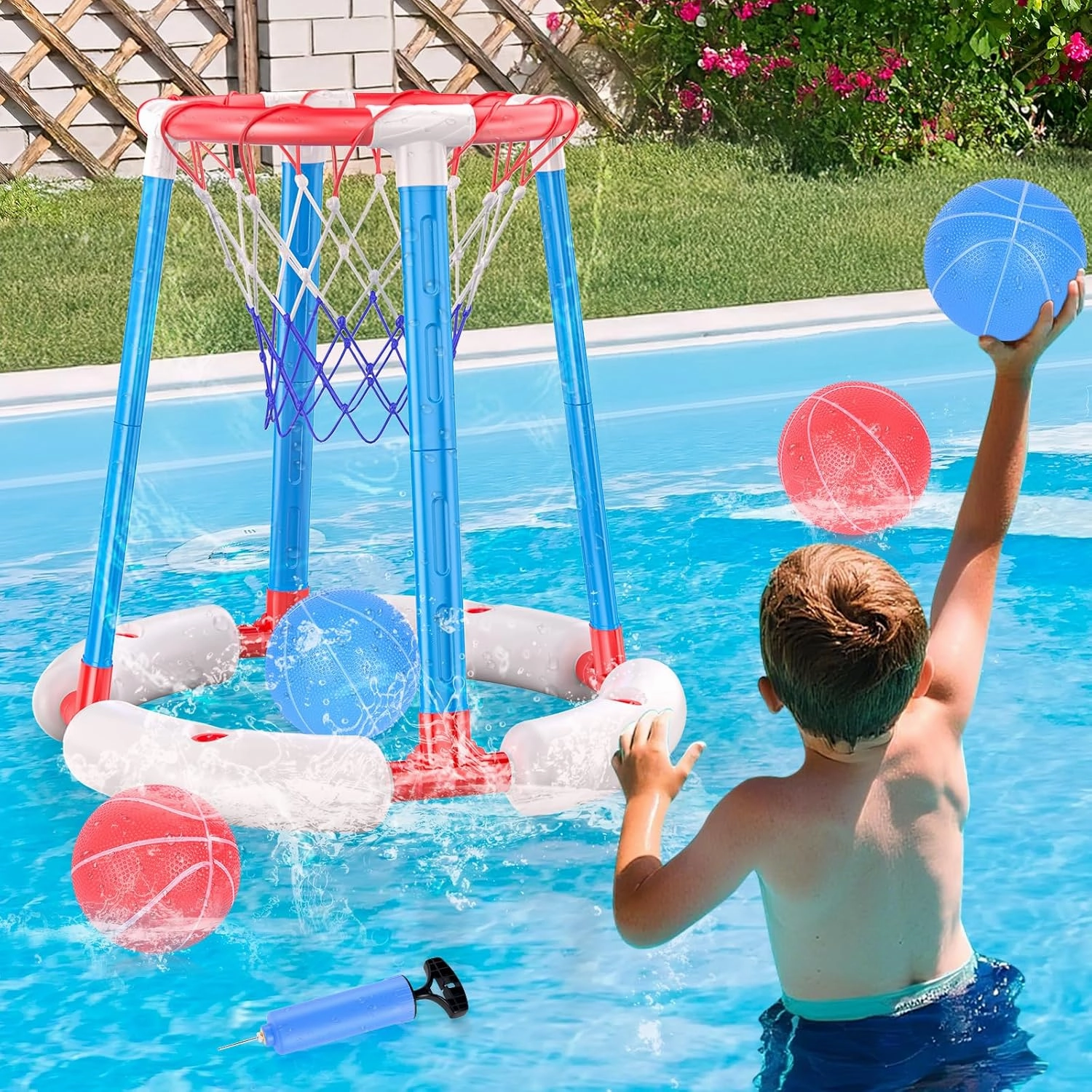 Pool Basketball Hoop with 4 Balls and Pump – Poolside & Floating Basketball Hoop for Pool, Fun Pool Toys & Swimming Pool Games, Water Basketball Game for Kids Ages 3 , Perfect for Summer Parties