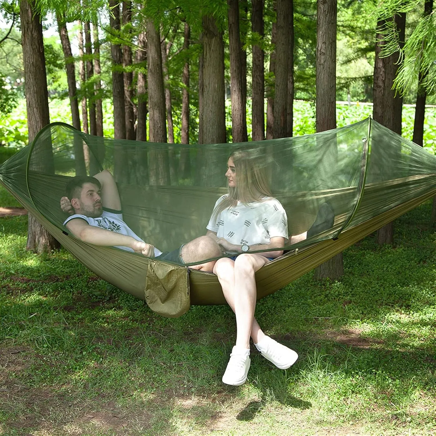 Pop Up Camping Hammock Net Portable Quick Set Up Hanging Sleeping Bed 250x120cm Outdoor, Dark Green