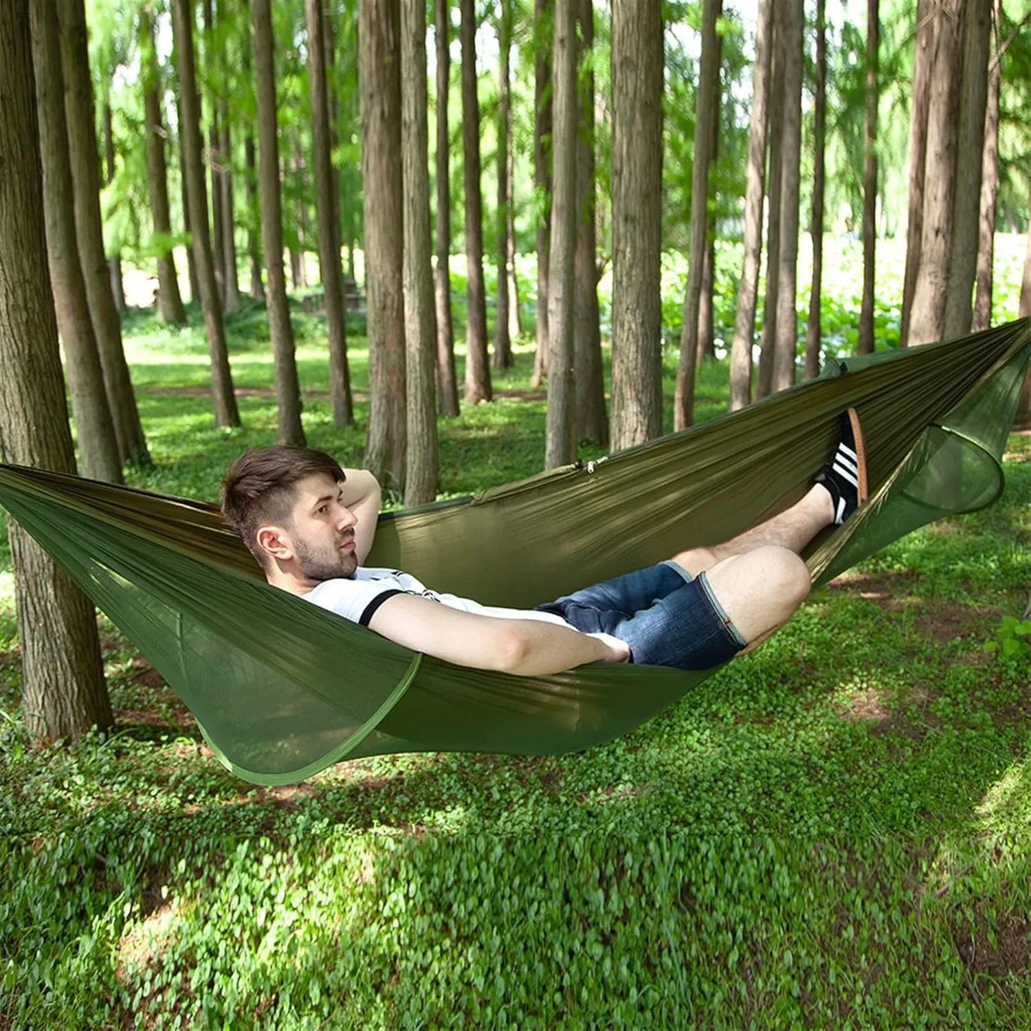 Pop Up Camping Hammock Net Portable Quick Set Up Hanging Sleeping Bed 250x120cm Outdoor, Dark Green