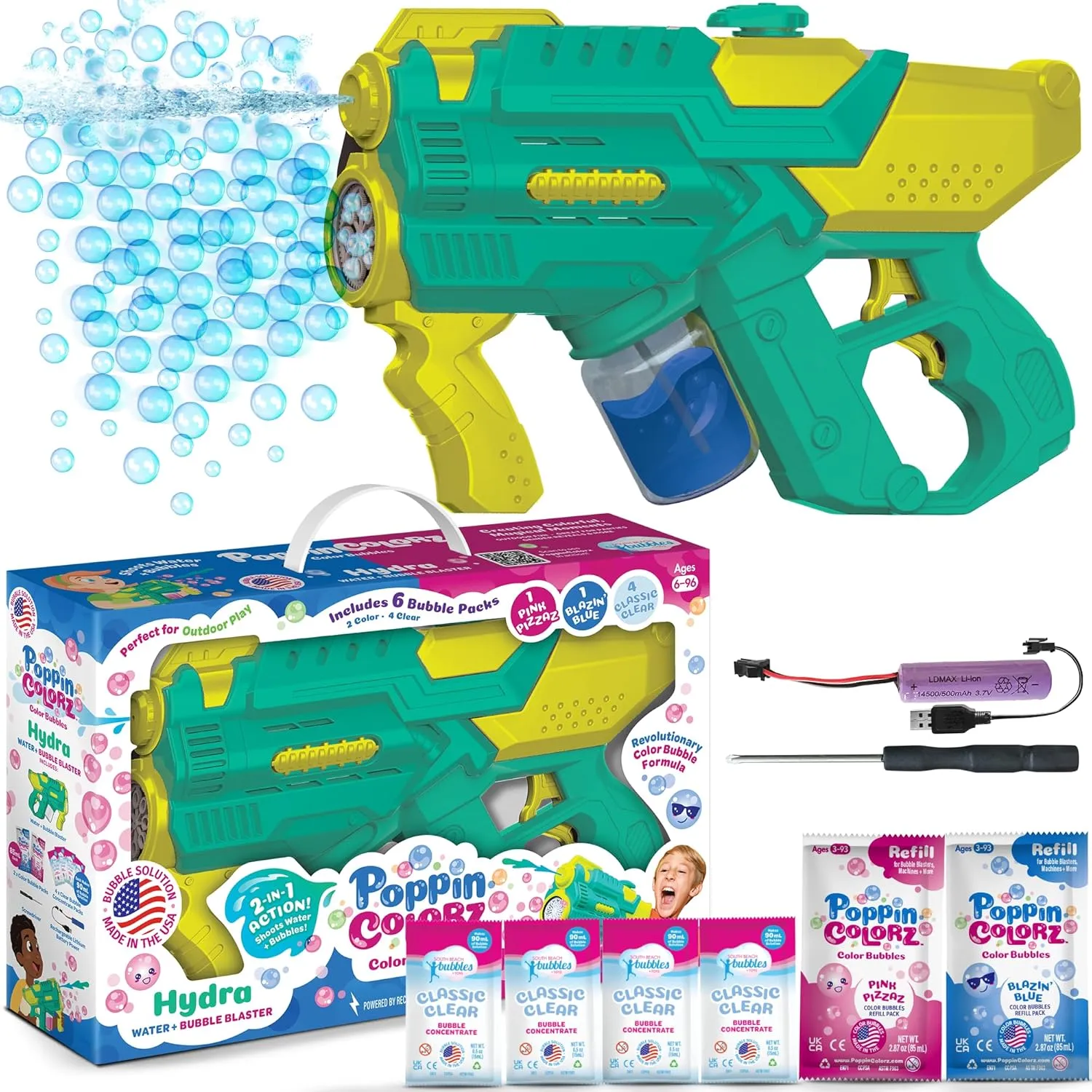 PoppinColorz Hydra Rechargeable 2-in-1 Color Bubbles Blaster & Water Gun:2025 Toy of The Year Winner. 2X Color Bubble Liquid & 4X Clear No-Spill. Bubble Solutions for Toddlers. Bubbles Made in USA