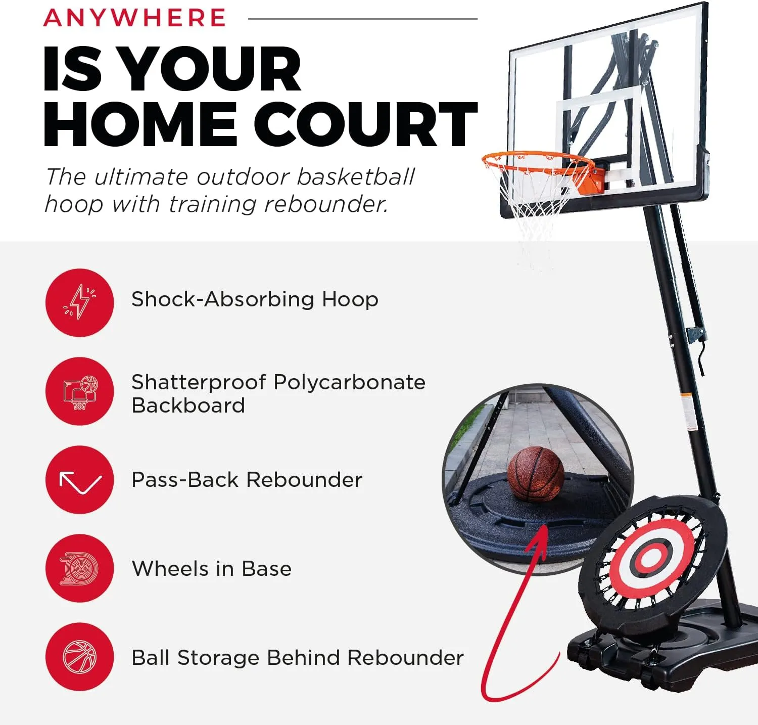 Portable Basketball Hoop with 7.5-10 Ft. Adjustable Height & Rebounder