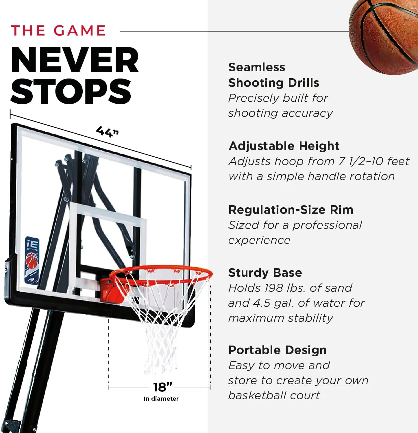 Portable Basketball Hoop with 7.5-10 Ft. Adjustable Height & Rebounder
