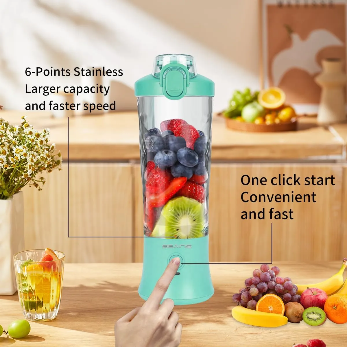 Portable Blender, Personal Blender for Shakes and Smoothies with 20 Oz Travel Cup and Lid, Mini Personal Size Blender with 6 Blades and USB Rechargeable for Gym and Kitchen (Mint Blue)