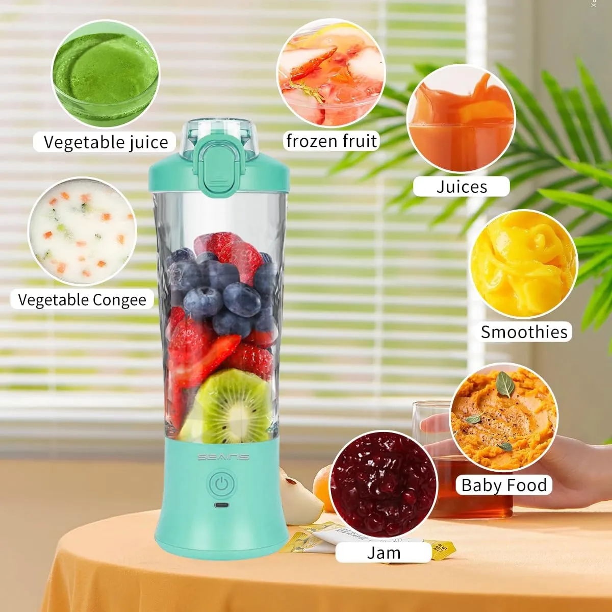Portable Blender, Personal Blender for Shakes and Smoothies with 20 Oz Travel Cup and Lid, Mini Personal Size Blender with 6 Blades and USB Rechargeable for Gym and Kitchen (Mint Blue)