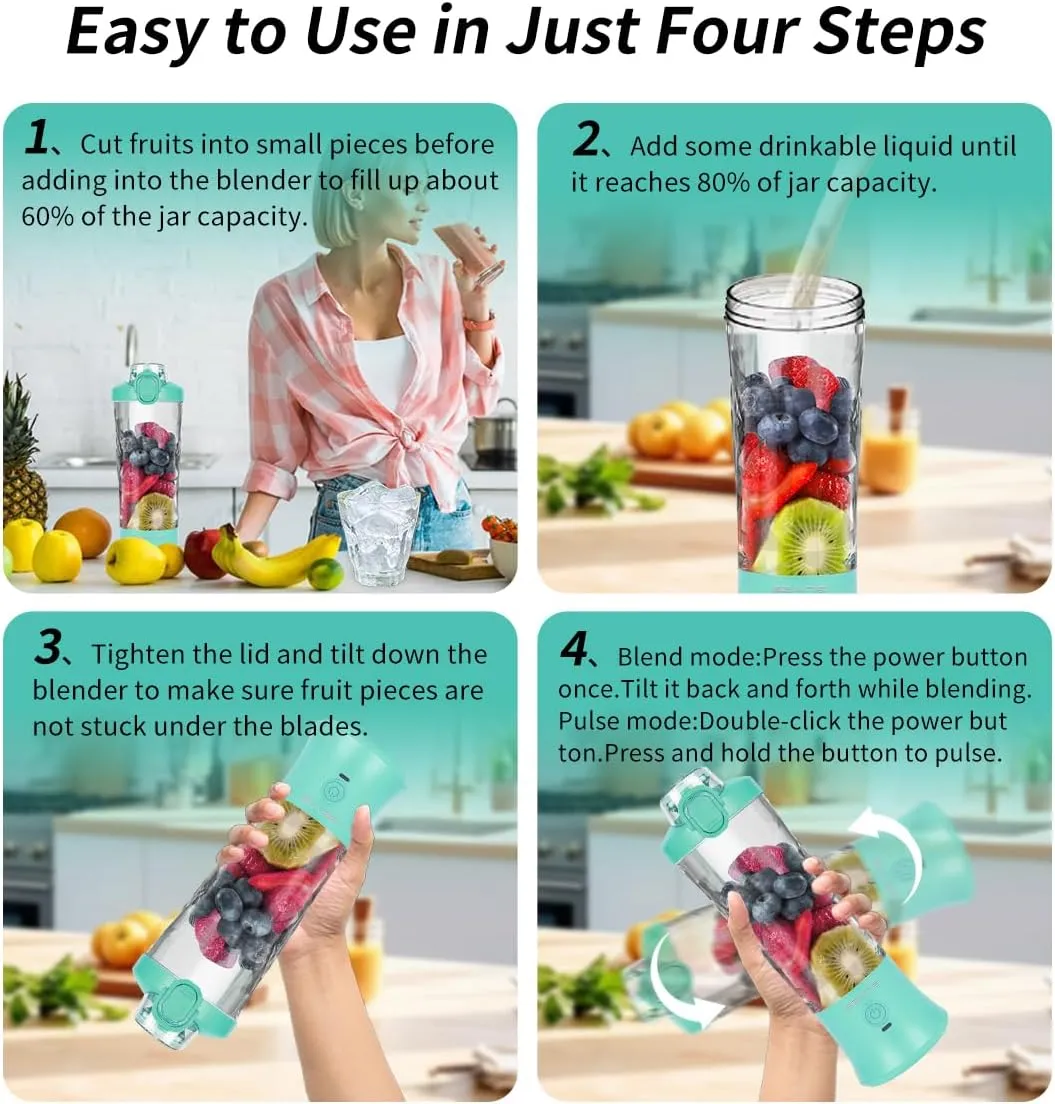 Portable Blender, Personal Blender for Shakes and Smoothies with 20 Oz Travel Cup and Lid, Mini Personal Size Blender with 6 Blades and USB Rechargeable for Gym and Kitchen (Mint Blue)