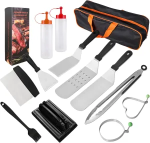 Portable Camping Kitchen Utensil Set-13 Piece Cookware Kit, Stainless Steel Outdoor Cooking and Grilling Utensil Organizer Travel Set for Travel, Picnics, RVs, Camping, BBQs, Parties