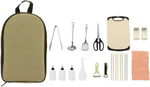 Portable Camping Kitchen Utensil Set 15 Piece, Cookware Kit Stainless Steel Outdoor Cooking and Grilling Utensil Organizer Travel Set with Storage Bag for Travel, Picnics, RVs