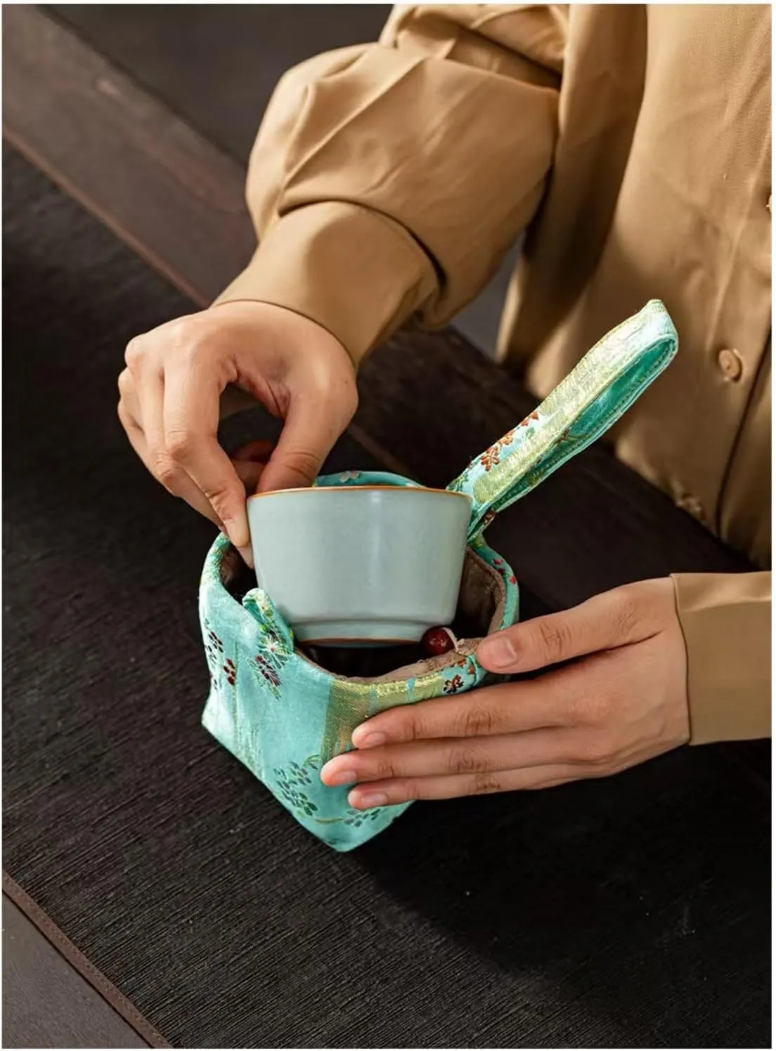 Portable Chinese Brocade Tea Ceremony Bag | Travel Storage for Teapot & Tea Set | Elegant Cloth Cover for Tea Cups(Pink Bamboo)
