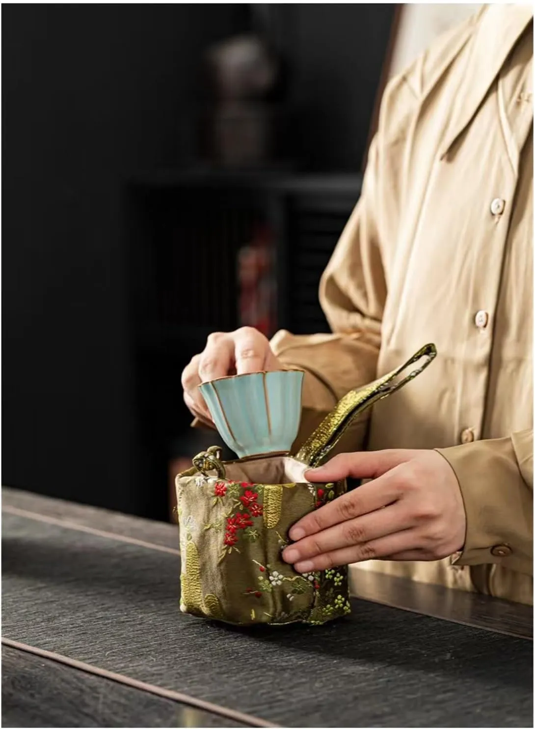 Portable Chinese Brocade Tea Ceremony Bag | Travel Storage for Teapot & Tea Set | Elegant Cloth Cover for Tea Cups(Pink Bamboo)
