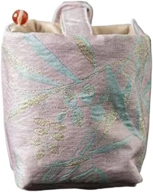 Portable Chinese Brocade Tea Ceremony Bag | Travel Storage for Teapot & Tea Set | Elegant Cloth Cover for Tea Cups(Pink Bamboo)