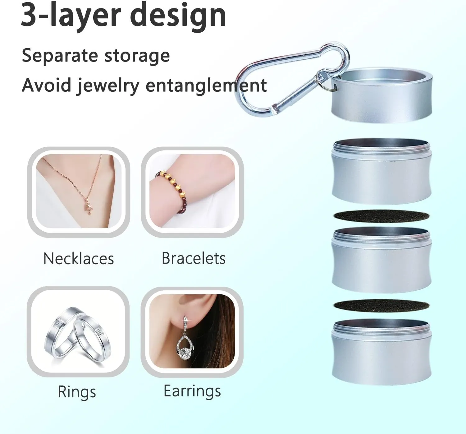 Portable Jewelry Holder Keychain Travel Ring Holder 3 Layers Keychain Container with Protective Sponge for Organizing rings, Necklaces, Earrings (Square Silver)
