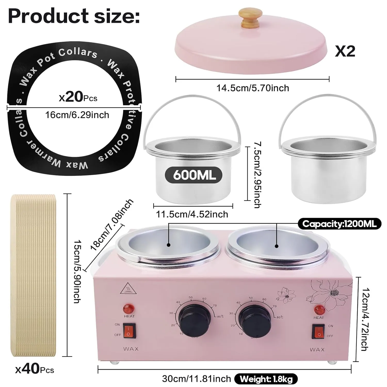 Portable Wax Warmer with Adjustable Temperature and 40 Wax Sticks - Painless Hair Removal for Women and Men (Pink-Double Pots)