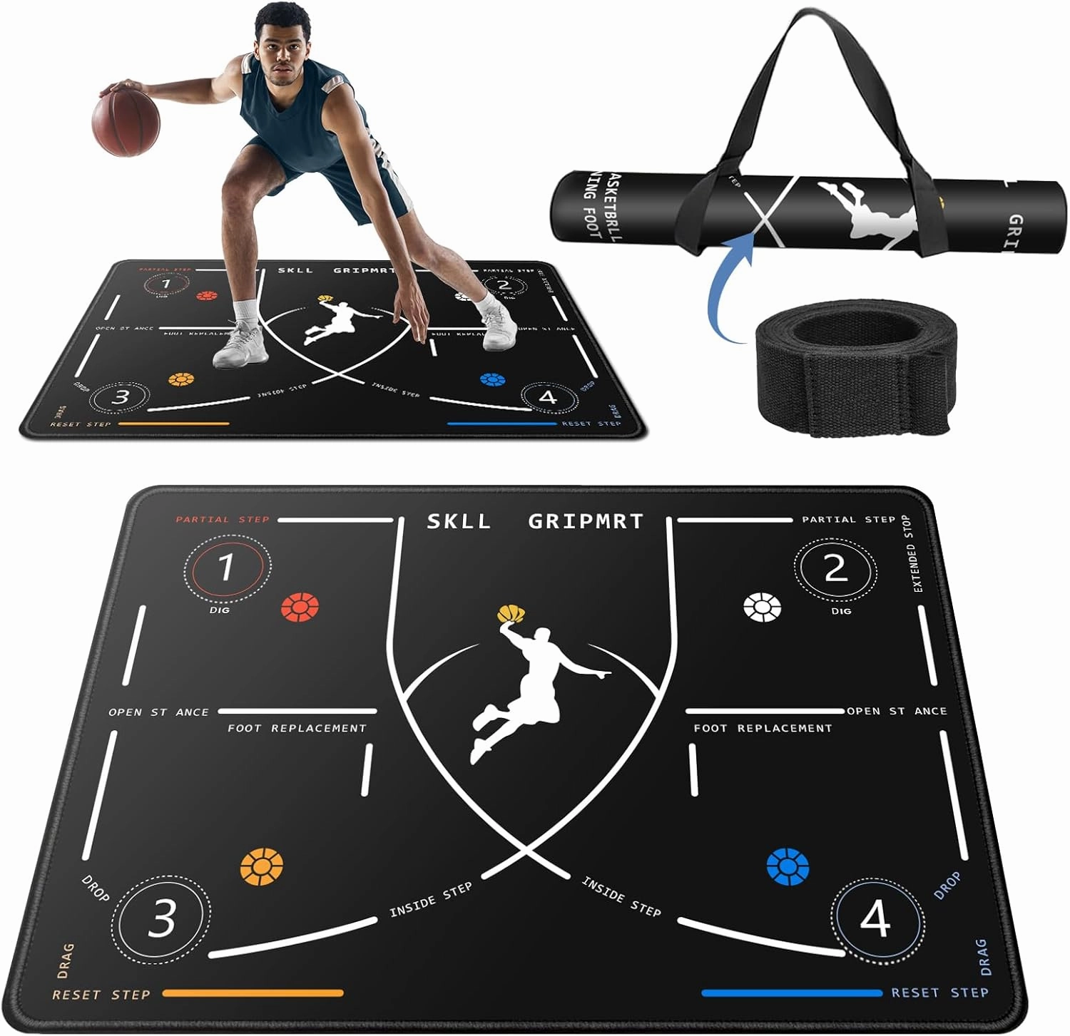 Portable Basketball Footwork Training Mat, Agility Footstep Training Mat, Basketball Pads for Training All Levels, Non-Slip Silent Equipment for All Ages to Improve Speed, Strength and Coordination