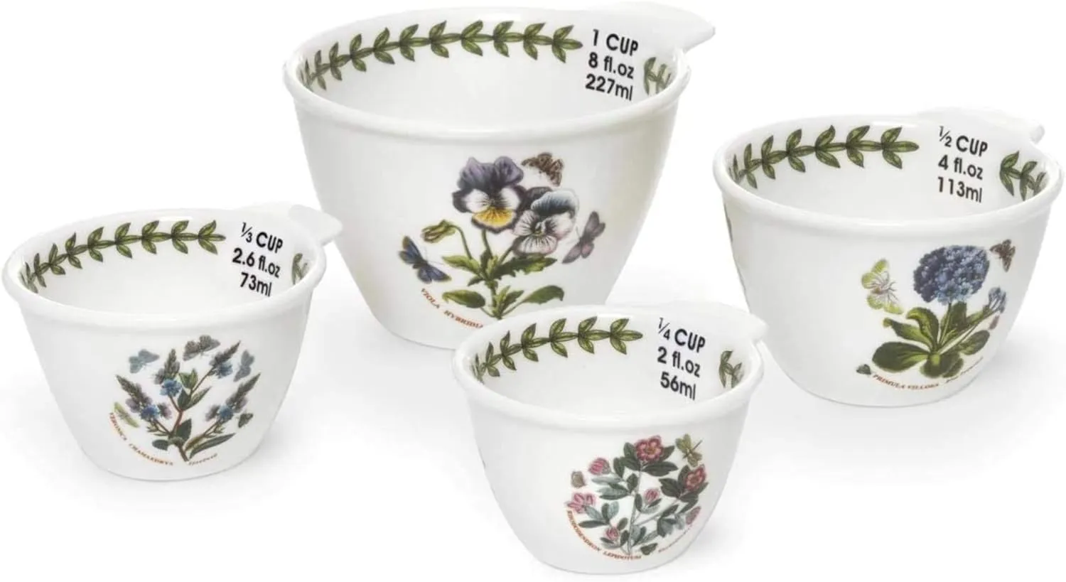 Portmeirion Botanic Garden Measuring Cups (Set of 4) - Assorted Floral Motifs, Chip-Resistant Porcelain, Dishwasher & Microwave Safe - Stackable Measuring Sets, Ideal Baking & Kitchen Tool