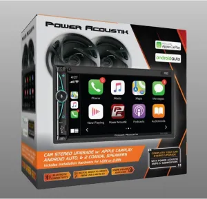 Power Acoustik Car Stereo Bundle: 7" Mechless HD LCD with Capacitive Touchscreen & Bluetooth with (2) 6.5" Speakers | Car Play and Android Auto