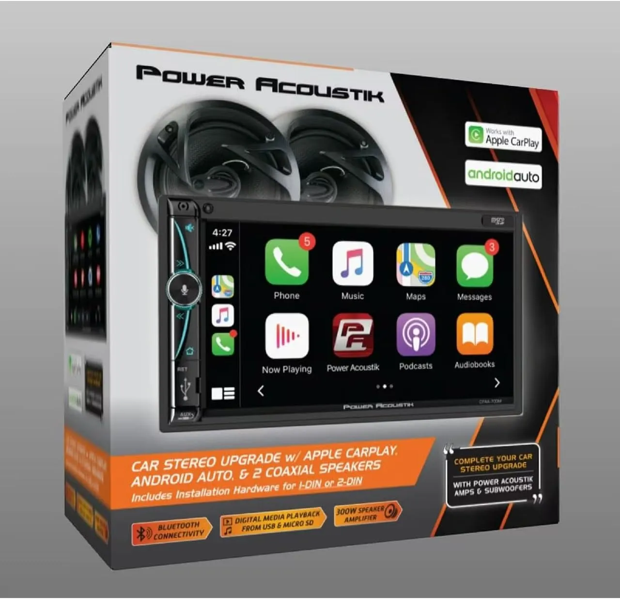 Power Acoustik Car Stereo Bundle: 7" Mechless HD LCD with Capacitive Touchscreen & Bluetooth with (2) 6.5" Speakers | Car Play and Android Auto