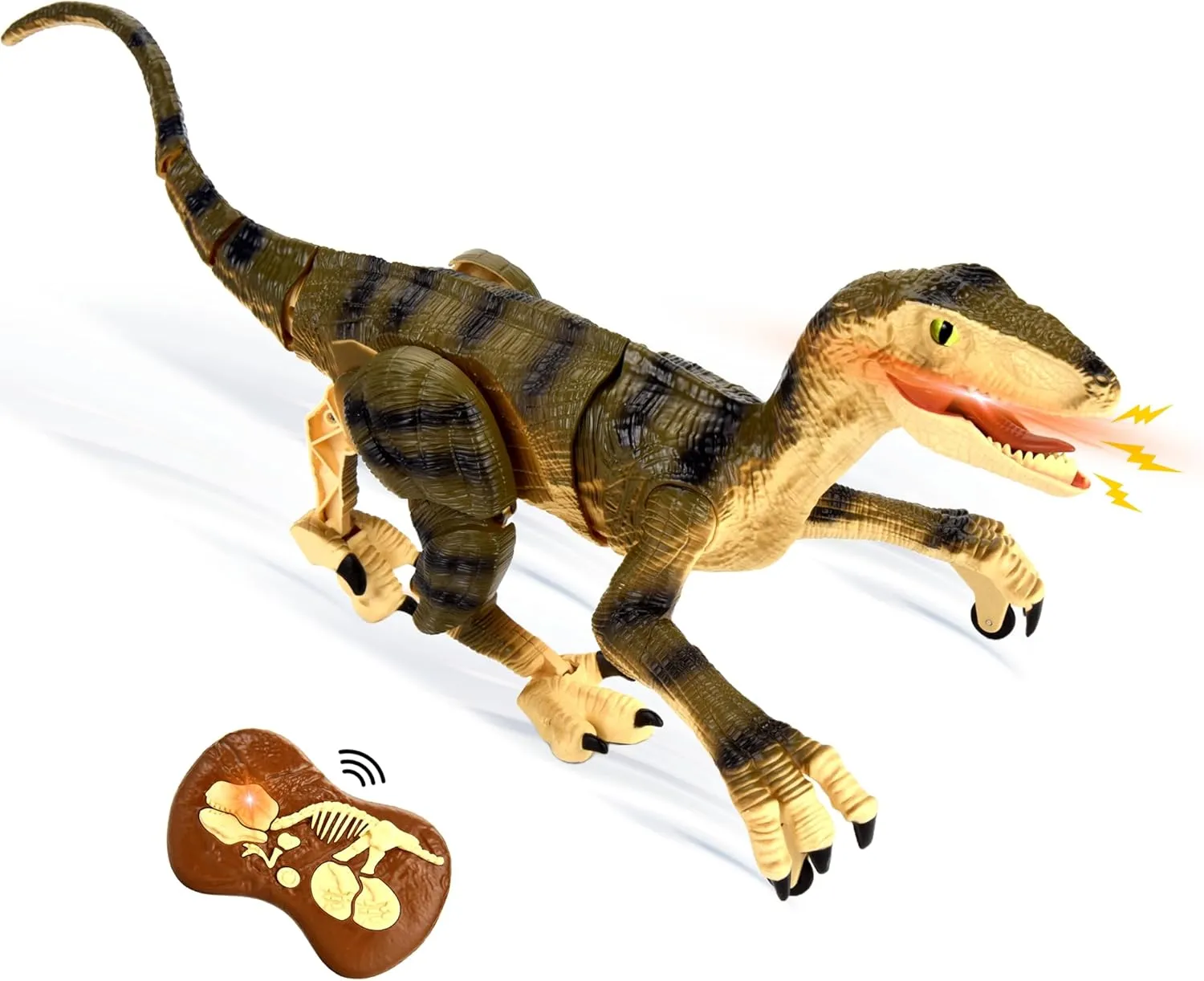 PowerTRC RC Dinosaur - Realistic Jurassic Remote Control Dinosaur with 3D Eye, Roaring Sound & LED Light, Velociraptor Remote Control, RC Raptor, USB Rechargeable RC Dinosaurs Toys for Boys, Yellow