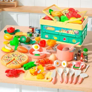 Pretend Play Food for Kids Kitchen - 94Pcs Cutting Toy Set with Foldable Camping Storage Box, Includes Cooking Utensil Toys, Pizza Playset, Play Kitchen Accessories, Gift for Boys Girls