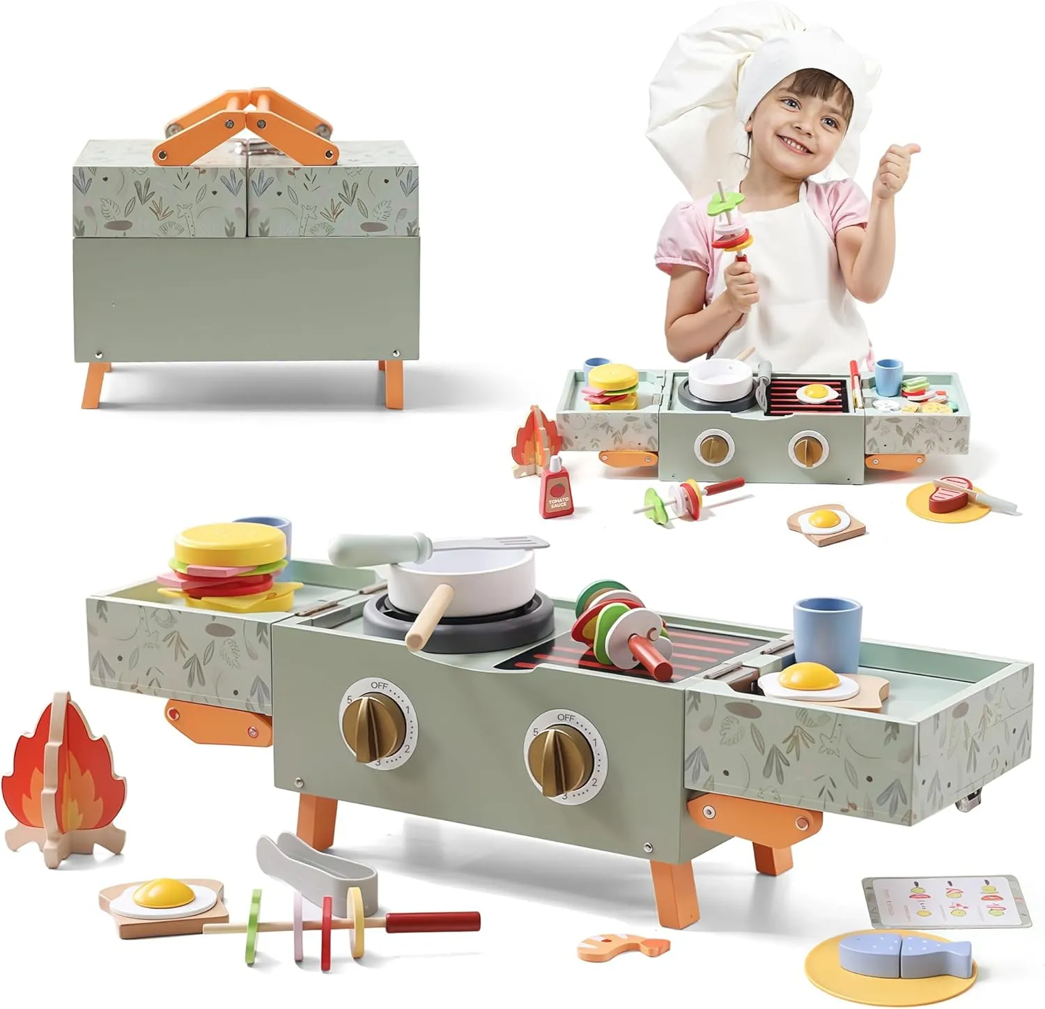 Pretend Play Toys for Toddlers 3-5 | Wooden BBQ Grill Playset with Play Kitchen Accessories, Cooking Play Food Toy for 3  Year Old Boys & Girls, Birthday Gifts for Kids