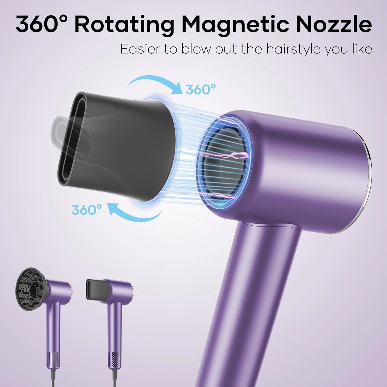 Professional Hair Dryer, 200 Million Negative Ionic Blow Dryer with 110000 RPM Brushless Motor, 1500W High-Speed HairDryer with Magnetic Nozzle & Diffuser for Salon, Home, Travel (Elegant Purple)