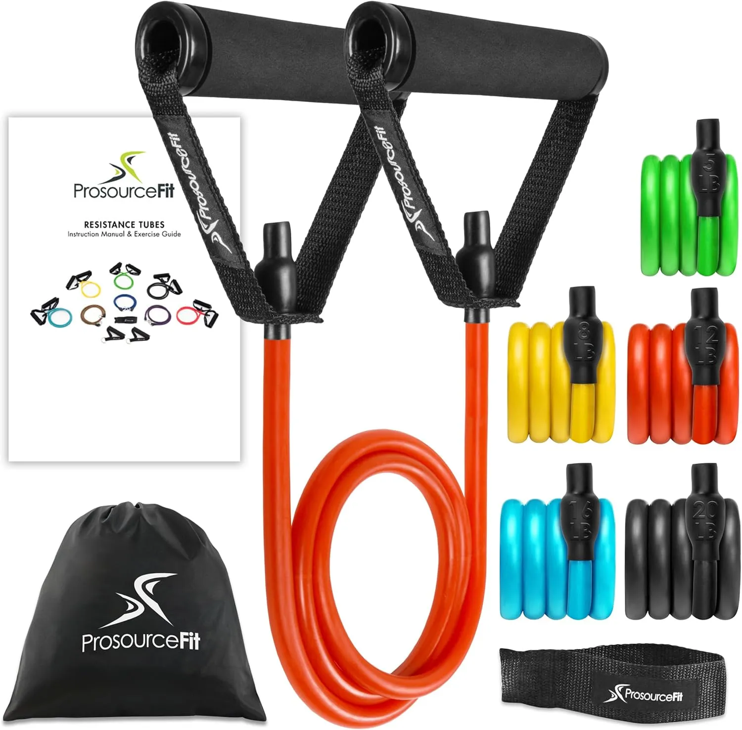 ProsourceFit Single Stackable Resistance Bands with Door Anchor and Exercise Guide, 12-16 LB, Heavy Duty Fitness Tube for Full-Body Exercises and Home Workouts