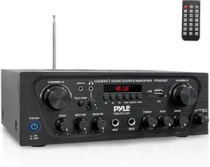 Pyle -Upgraded- 2 Channel Karaoke Home Audio Amplifier w/Bluetooth for Streaming, AUX-in, USB, 2 Microphone Input w/Echo Effect, Talkover for PA, Compact Footprint, Black
