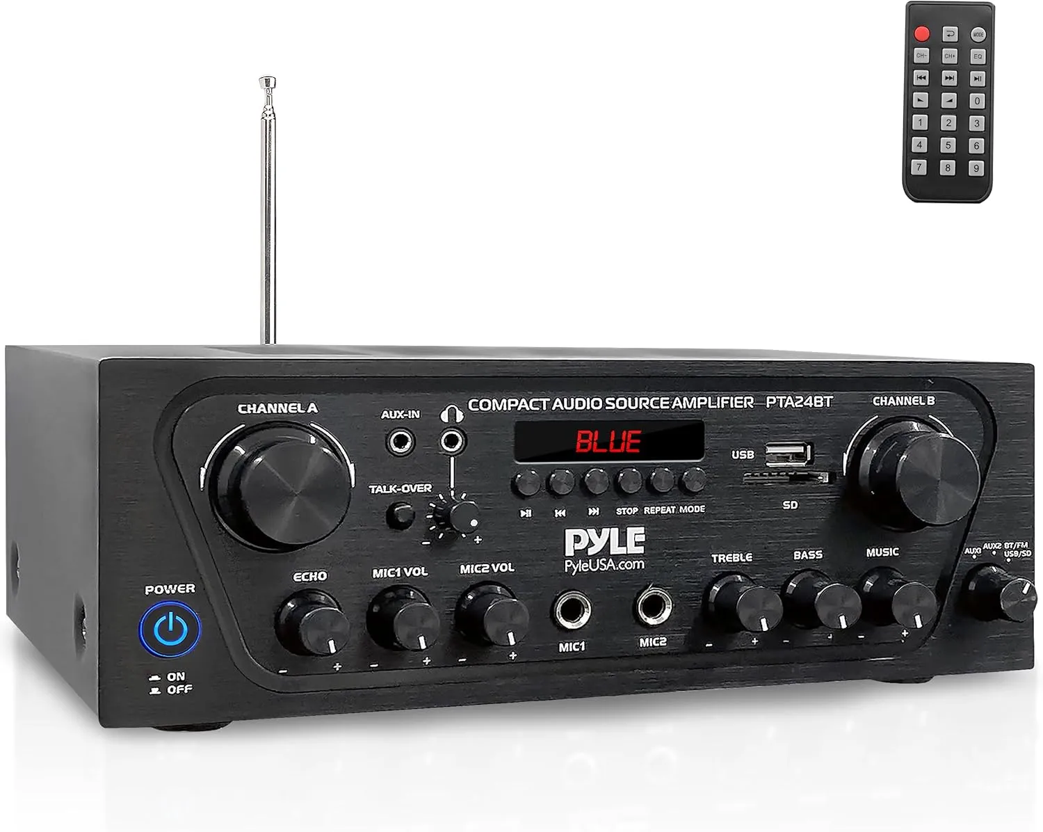 Pyle -Upgraded- 2 Channel Karaoke Home Audio Amplifier w/Bluetooth for Streaming, AUX-in, USB, 2 Microphone Input w/Echo Effect, Talkover for PA, Compact Footprint, Black