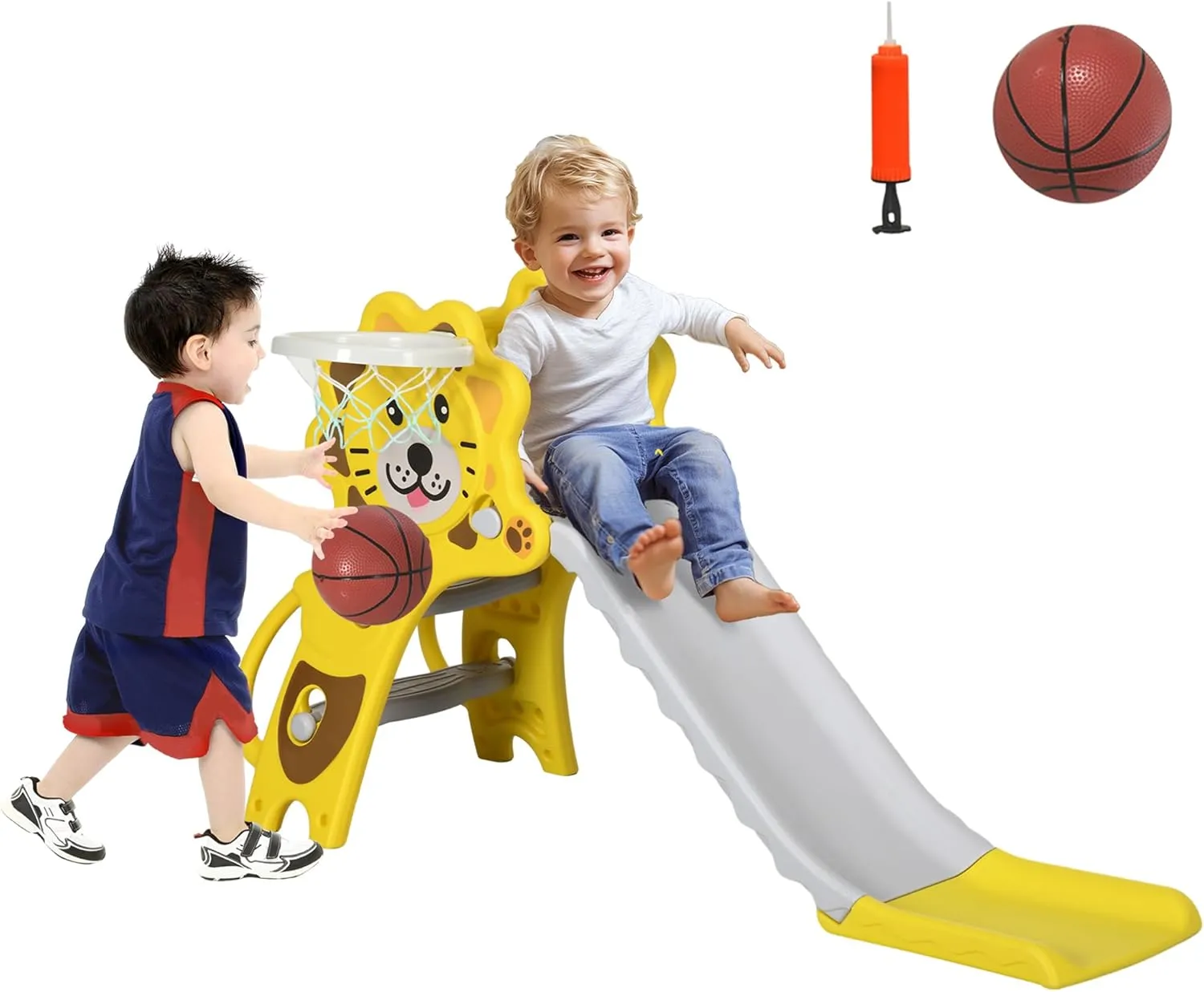 Qaba 3 in 1 Toddler Slide for Indoors, Toy for Toddler, Easy Set Up Baby Slide with Basketball Hoop, Climber for Kids 18-36 Months, Yellow