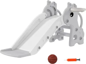 Qaba Toddler Slide with Climber, Basketball Hoop and Ball, Indoor Kids Slide with Giraffe Design, Freestanding Playground Equipment for Age 1-3 Years, Gray